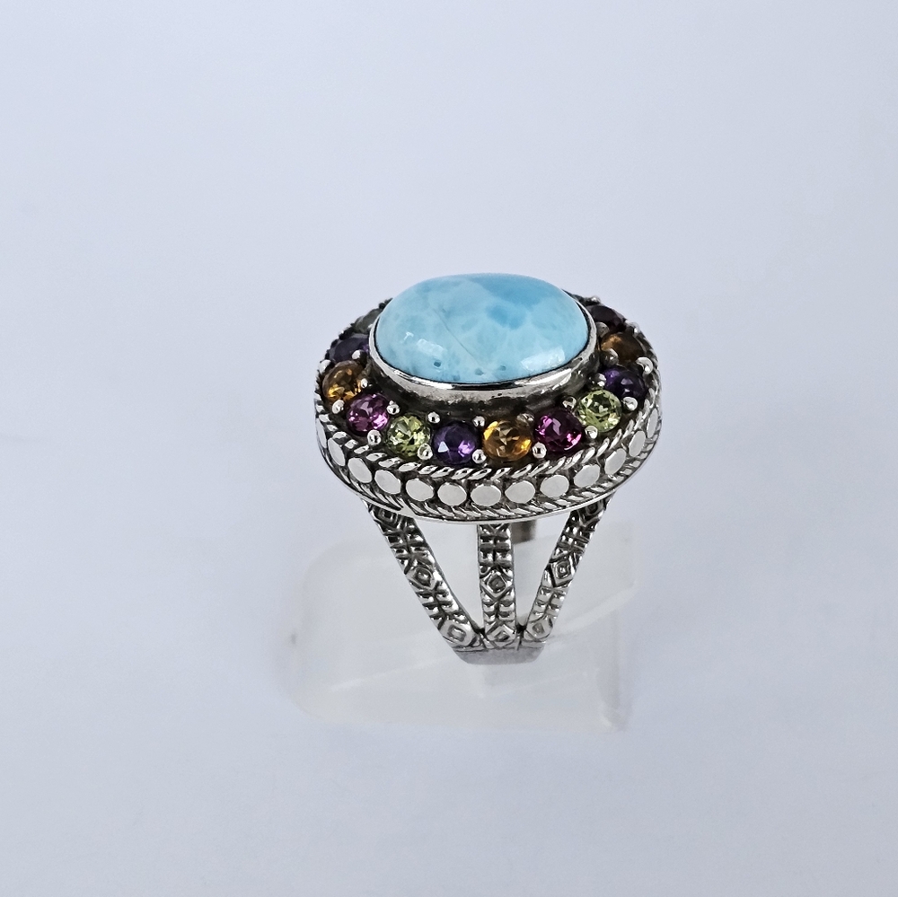 Artisan Crafted Natural Larimar & Multicolor Tourmaline 💍 Sterling Silver Sz 7. - Picture 8 of 12